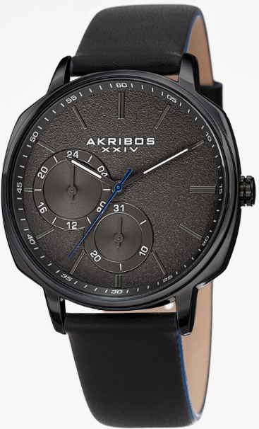 AKRIBOS AK1022BK Black Tone Case with Black Leather Strap, Gunmetal Dial with Gunmetal Hands 42 mm Quartz Movement