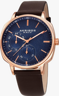 AKRIBOS AK1022RGBR Rose Gold Tone Case with Brown Leather Strap, Blue Dial with Rose Gold Tone Hands &nbsp;42 mm Quartz Movement