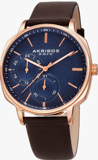 AKRIBOS AK1022RGBR Rose Gold Tone Case with Brown Leather Strap, Blue Dial with Rose Gold Tone Hands &nbsp;42 mm Quartz Movement