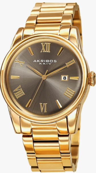 AKRIBUS - AK1056YGN XXIV Ion Plated Gold Tone Case and Gold Tone Band with a Grey Curved Edge Vintage Dial  41 mm Quartz Movement