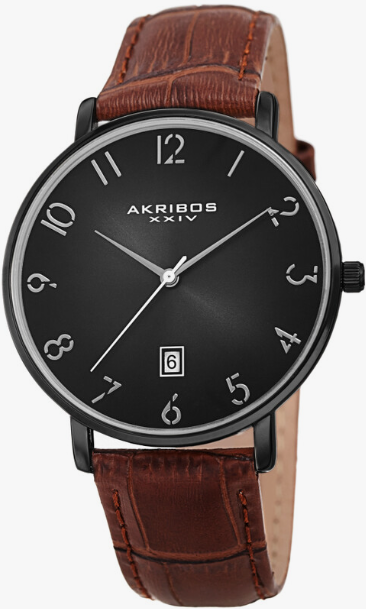 AKRIBUS - AK1077BK Ion Plated Black Case with Domed Crystal, Grey Dial on a Brown Croco Strap 38 mm Quartz Movement