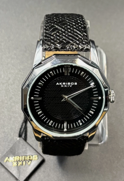 Akribos XXIV AK825SSB Dodecagon Bezel Black Dial Black Strap 41mm