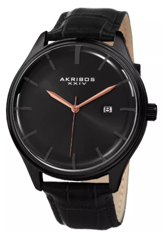 Akribos XXIV AK914BK Classic Beveled Crystal Black Leather Strap Mens Watch
