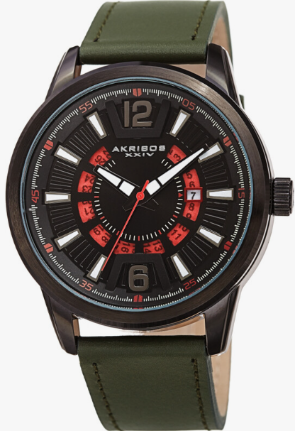 Akribos AK1079BKGN Akribos XXIV Quartz 45mm Black Dial Green Leather Men's Watch