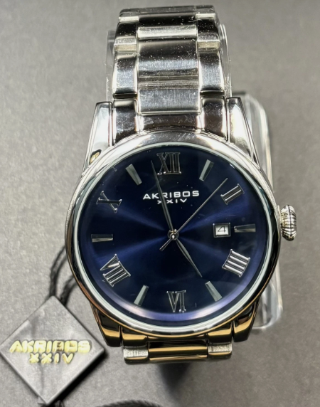 Akribos XXIV AK1056SSBU Mens Blue Dial Date Silver Case and Band 41mm