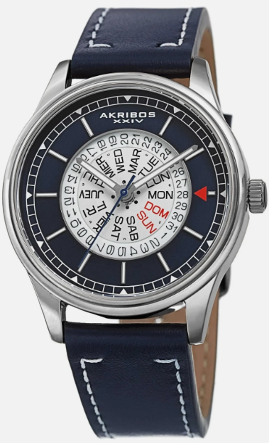 Akribos - AK1126SSBU Ion Plated Silver Case, Blue Dial Blue Leather Strap Quartz AK1126SSBU