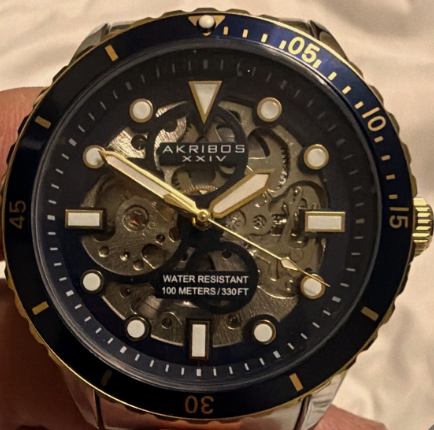 Akribos Automatic Skeleton Dial Two-Tone Blue Bezel 100m Diver - AK1135SSTTYG