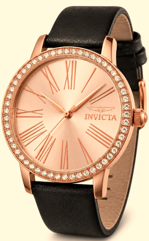 Invicta Celestial Lady 31mm Rose Gold Case and Dial Black Leather Band - 70444